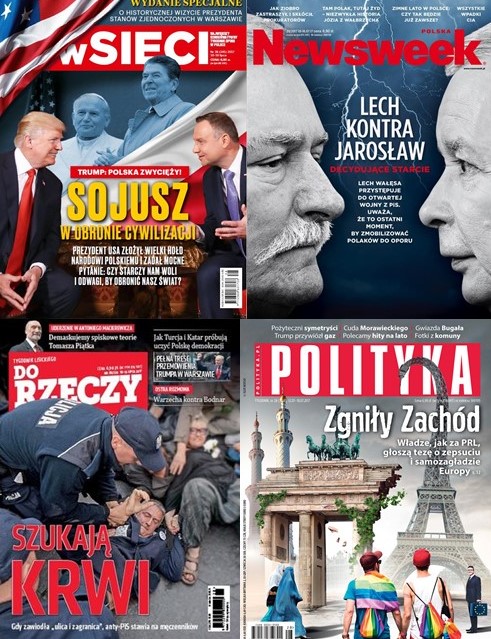 Ilustracja 1. Okładki tygodników, z których pochodziły analizowane teksty. Źródło: opracowanie własne na podstawie grafik dostępnych na stronach: newsweek.pl, polityka.pl, wsieciprawdy.pl, dorzeczy.pl